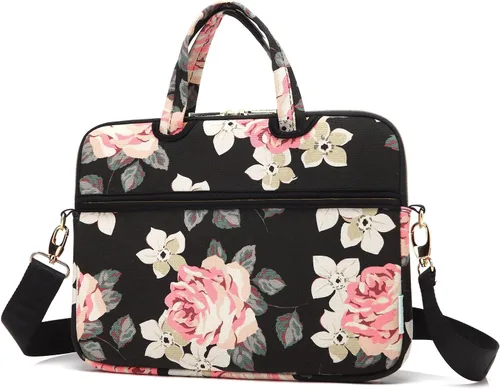 Vista 2 de Kayond - Bolsa de hombro impermeable para laptop con patrón de rosas negras resistente al agua, funda para laptop de 12 y 13 pulgadas Negro Rosado