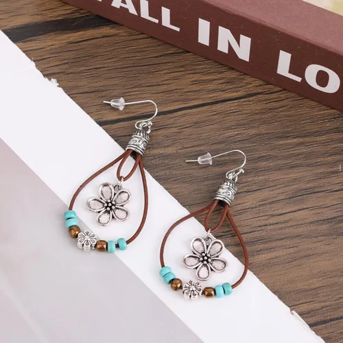 Vista 5 de Boho Flower Earrings,Bohemian Western Leather Dangle Drop Earrings with Nature Stones Vintage Handmade Country Concert Outfits Accessories for Women
