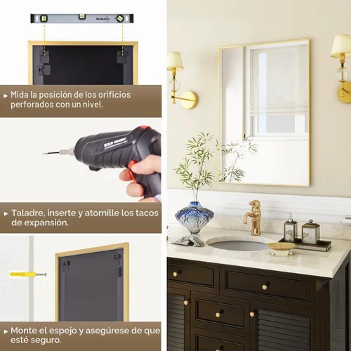 Vista 5 de BEAUTYPEAK - Espejo de pared de baño de 20 x 28 pulgadas con marco de metal, dorado Espejo rectangular con colgante horizontal o vertical, ideal