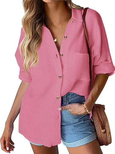 Vista 22 de HOTOUCH Camisa de manga larga con botones de lino para mujer, blusa de algodón casual, holgada, con cuello, para trabajo, de gasa, con bolsillo