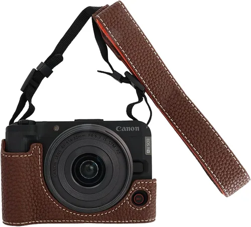 Vista 11 de VOVMOEYA Funda para cámara Canon EOS R50 V, medias fundas de piel sintética con correa para el hombro, ajuste preciso, compatible con trípode
