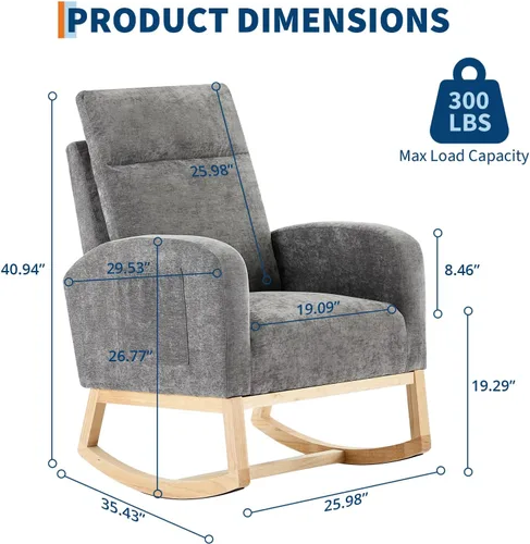 Vista 2 de Mecedora moderna para guardería, tapizada de lino con respaldo de 26 pulgadas de alto, asiento acolchado para sala de estar, dormitorio, lectura