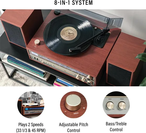 Vista 2 de Crosley Sistema de tocadiscos 1975T con Bluetooth, CD, AM/FM y altavoces incluidos, nogal
