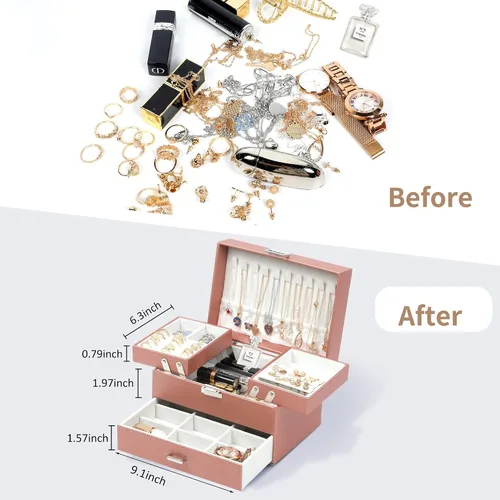 Vista 4 de Dajasan Caja organizadora de joyas, organizador de joyas para mujeres y niñas, 3 capas de almacenamiento grande de joyería para aretes, anillos