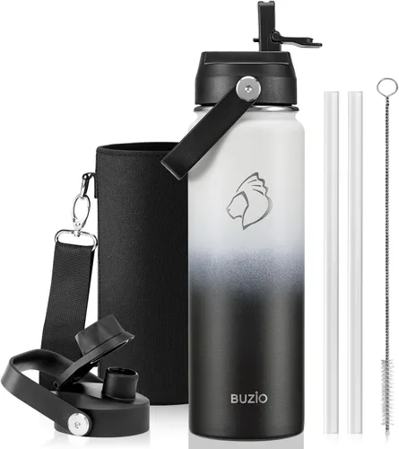 Vista 41 de BUZIO Botella de agua aislada de 24 oz, frasco de agua de boca ancha de acero inoxidable con tapa de pajita, frío durante 48 horas a prueba de Negro