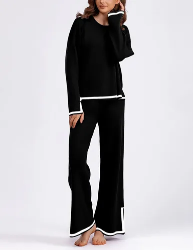 Vista 3 de Yidarer Conjunto de 2 piezas de punto para mujer, suéter de manga larga, pantalones de pierna ancha, conjunto de ropa deportiva
