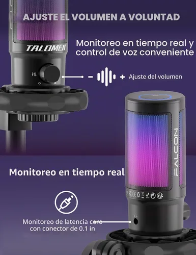 Vista 4 de talomen - Micrófono de juego para PC, kit de micrófono condensador de transmisión USB con RGB, silencio rápido, perilla de ganancia, soporte
