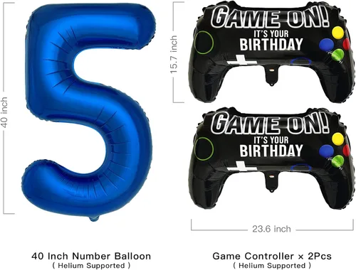 Vista 2 de Suministros de fiesta de videojuegos azul marino para decoración de fiesta de 5º cumpleaños para niños, 2 paquetes de globos de juego con globo azul