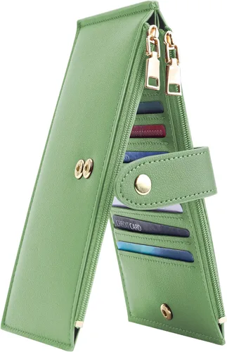 Vista 17 de Travelambo Billeteras de cuero para mujer, delgada, con bloqueo RFID, billetera plegable para tarjetas de crédito, Marrón beige