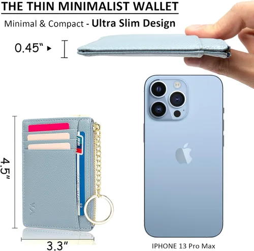 Vista 57 de Tarjetero delgado con bloqueo RFID, billetera de bolsillo pequeño, con cremallera Keychian para monedero, monedero y tarjetero para mujeres y hombres