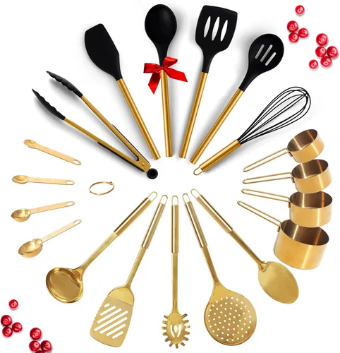 Vista 10 de Juego de utensilios de cocina dorados con tazas medidoras y cucharas, 13 piezas de accesorios de cocina dorados de lujo, incluye tazas medidoras