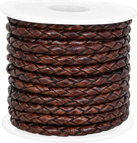 Vista 2 de GENIQUE Cordón de Cuero Trenzado Redondo Genuino, Cuerda de Cuero para Manualidades, Hacer Joyería, Collares, Pulseras (5 Metros)