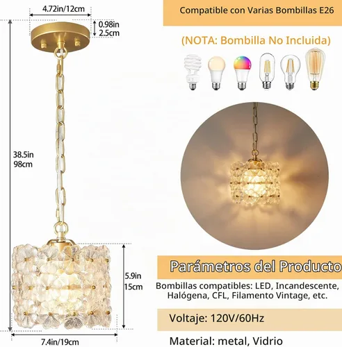 Vista 7 de Lámpara colgante de cristal, lámpara de techo colgante ajustable dorada moderna para isla de cocina, comedor, sala de estar, dormitorio