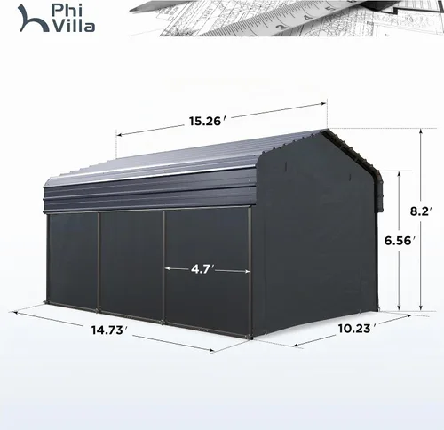 Vista 3 de PHI VILLA 10 x 15 Cochera metálica resistente con techo de acero galvanizado con kit de cierre lateral, cochera metálica robusta para autos, botes