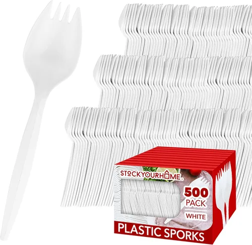 Vista 9 de Sporks desechables (paquete de 50) tenedores de plástico blanco, sin BPA, seguros para niños, utensilios 2 en 1, cuchara de tenedor de peso pesado