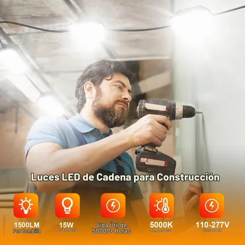Vista 3 de 50 pies de luces LED de cadena para construcción, 75W súper brillantes 7500LM con enchufe, luces de trabajo de cadena enlazables, 5000K impermeables