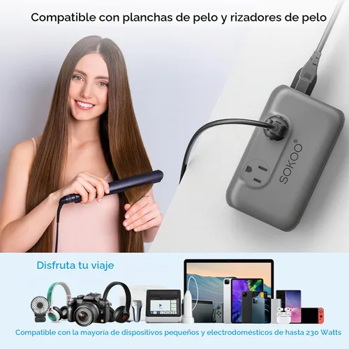 Vista 2 de SOKOO Convertidor de voltaje reductor de 230 vatios de 100-220 V a 110 V, convertidor de corriente internacional/adaptador de viaje, uso