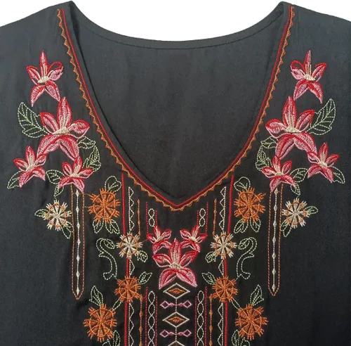 Vista 4 de AK Women's Boho Embroidered Tops 3/4 Sleeve Mexican Peasant Shirts Bohemian Loose Tunic Blouses 355-negro