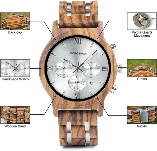 Vista 4 de BOBO BIRD Relojes de madera para hombre, correa de metal de madera de lujo, cronógrafo y visualización de fecha, reloj de cuarzo versátil