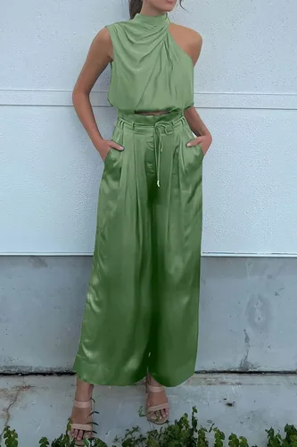 Vista 9 de PRETTYGARDEN Womens 2024 Summer Sleeveless Mock Neck Crop Tops Wide Leg Pants Set