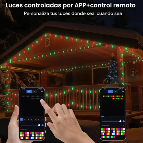 Vista 3 de Gemce Luces inteligentes C9 de Navidad para exteriores, 33 pies, 50 luces LED RGB, aplicación/control remoto, modos de bricolaje y sincronización