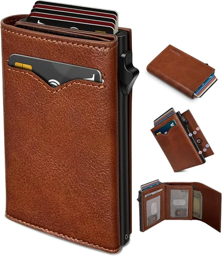 Vista 10 de Cartera miyozi para hombre, con bolsillo para efectivo, 2 ventanas para identificación, 9-13 ranuras para tarjetas, estuche metálico, elegante
