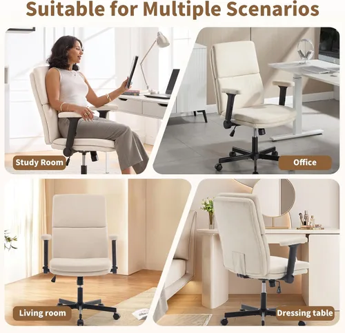 Vista 8 de Silla de oficina ajustable con respaldo medio, cómoda, de lino, ergonómica, con respaldo para el hogar, silla de computadora con reposabrazos Beige