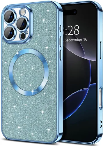 Vista 45 de Hython para iPhone 16 Funda con chispas brillantes, fundas transparentes magnéticas con protector de lente de cámara [Compatible con MagSafe]