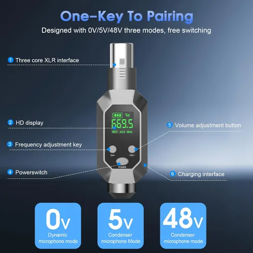 Vista 8 de Sistema de micrófono inalámbrico XLR transmisor y receptor inalámbrico para 262 pies de rango de 8 horas de batería UHF transmisor inalámbrico