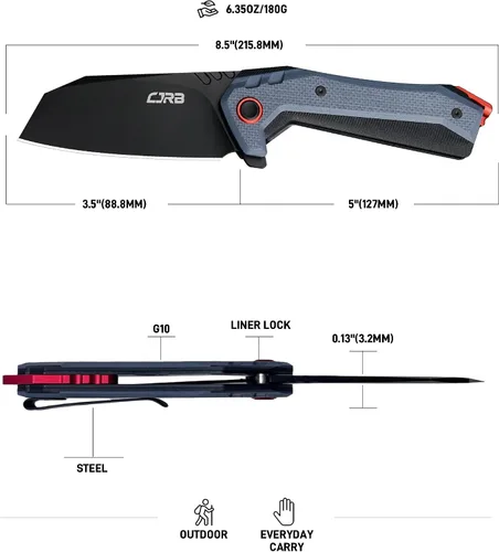 Vista 2 de CJRB Tigris Cuchillo táctico de bolsillo con hoja de acero en polvo AR-RPM9 con PVD negro, mango G10 negro y azul para EDC, camping y caza (J1919)