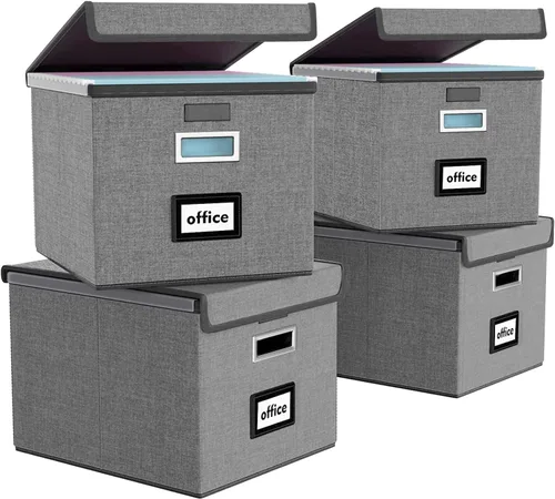 Vista 38 de Caja organizadora de archivos Huolewa con tapa, caja organizadora de carpetas de archivos colgantes de cuero sintético plegable con deslizadores