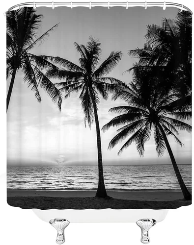 Vista 2 de Cortina de ducha de palmera blanca y negra, playa, paisaje oceánico, selva tropical, planta hawaiana, moderna, exótica, poliéster, decoración