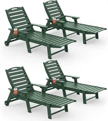 Vista 44 de Tumbona al aire libre, silla de descanso al aire libre con textura de madera, respaldo ajustable de 5 posiciones, silla de salón de polietileno