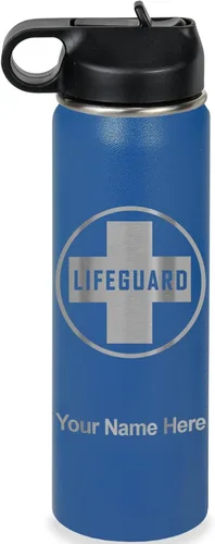 Vista 26 de LaserGram Botella de agua personalizada, salvavidas, acero inoxidable de doble pared aislada al vacío con popote superior, regalo grabado Negro