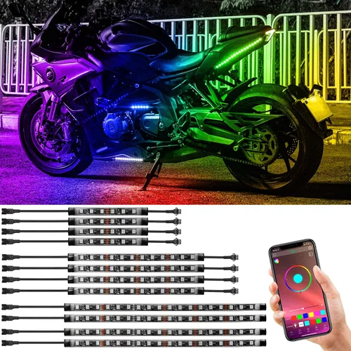 Vista 9 de 10 piezas de kit de luces LED de bajo de motocicleta, tiras de luces LED RGB, kit de luces LED de bajo de motocicleta con control de APP para Harley