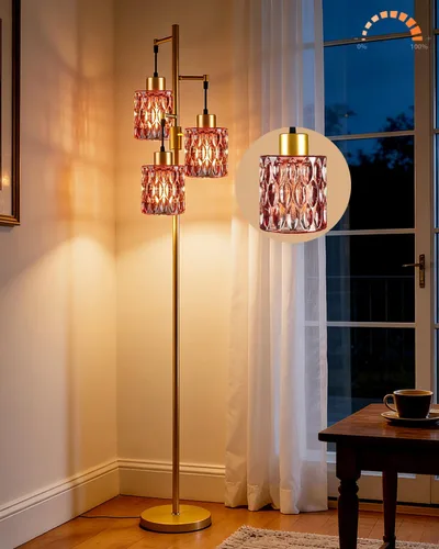 Vista 11 de Lámpara de pie moderna de cristal de 3 luces, lámpara alta de pie dorada con pantalla de vidrio de piña roja profunda, lámpara de pie LED regulable