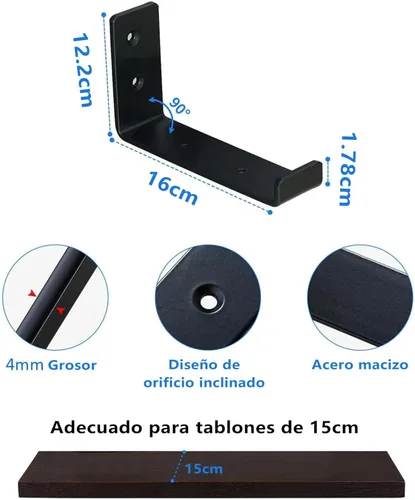 Vista 2 de HEART ART Soporte de estante negro de 6 pulgadas, paquete de 4 soportes de estante de metal J resistentes, 6.3" L×4.8" H×1.2" W