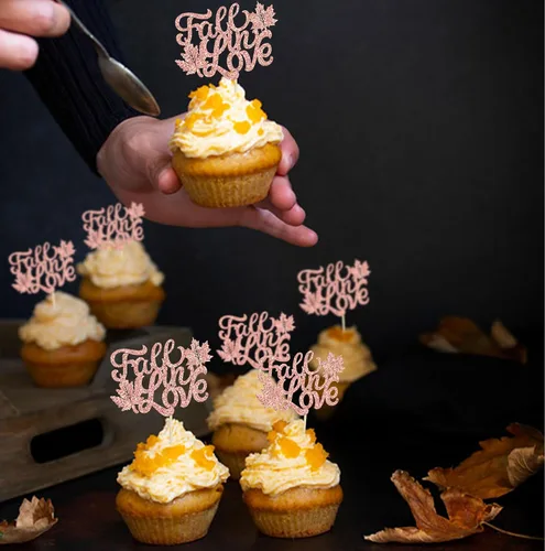 Vista 5 de Gyufise 24 piezas de decoración para cupcakes de otoño con purpurina de oro rosa para despedida de soltera, decoración de cupcakes de boda