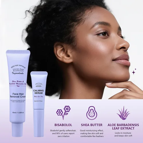 Vista 3 de Crema depilatoria facial para mujeres, kit de cremas depilatorias faciales suaves con raspado, suero calmante, crema removedor de vello corporal