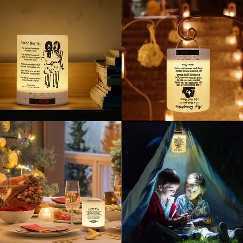 Vista 3 de Lámpara de mesa táctil grabada para amigos, lámparas de noche con sensor táctil personalizado con altavoz Bluetooth, el mejor regalo para amigos