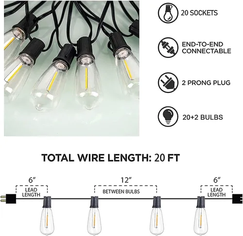 Vista 5 de Afirst Tira de luces para exteriores de 20 pies con 22 bombillas LED (2 de repuesto), impermeables, conectables, luces de patio para iluminación