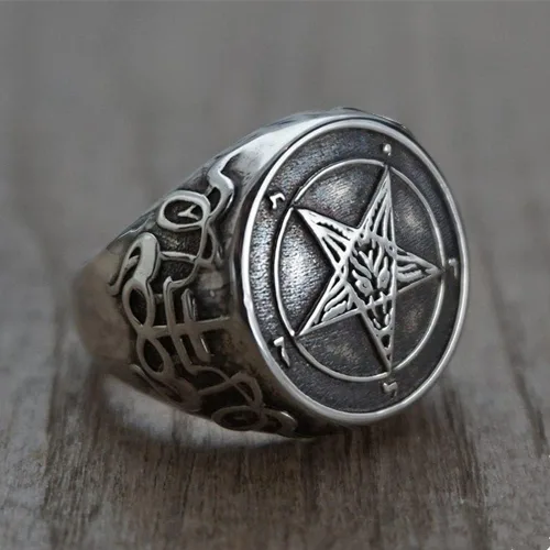 Vista 2 de Anillo de sello vintage para hombre, anillo de pentagrama, anillo de acero inoxidable de Baphomet, anillo gótico satánico, anillo punk