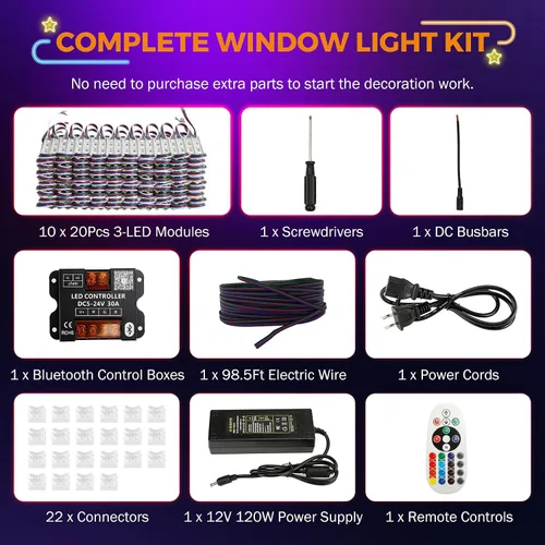 Vista 2 de BEAMNOVA Luces LED RGB LED de 100 pies para negocios, kit de tiras de luces, control remoto, control de aplicación móvil Bluetooth, fuente