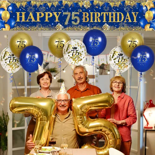 Vista 6 de Decoraciones de cumpleaños número 75 para hombres y mujeres, azul y dorado, pancarta de fiesta azul marino y dorado, 18 globos para 75 años