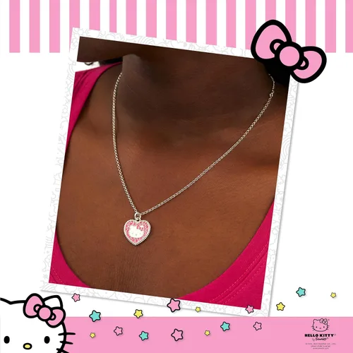 Vista 2 de Hello Kitty Sanrio Fashion Jewelry Set de licencia oficial 16 pulgadas + 3 pulgadas colgante collar y aretes de lazo, Imitación de rodio, Sin