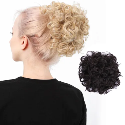 Vista 10 de Moño de cabello rizado desordenado, pieza de cabello sintético resistente al calor, extensiones de moño de cabello despeinado con cordón Updos Negro
