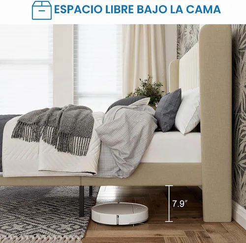 Vista 7 de GOLDORO Marco de cama abatible tamaño Queen, cabecera tapizada vertical con botones en forma de ala, soporte de listones de madera, no necesita Beige