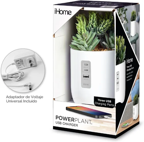 Vista 6 de iHome PowerPlant - Estación de carga, suculentas falsas con estación de carga USB para iPhone, Android y más, color blanco (iPP45)