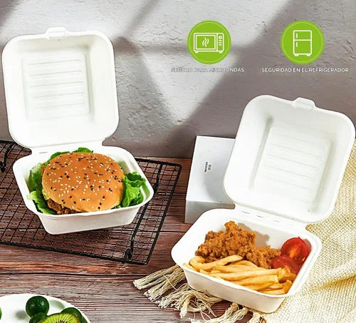 Vista 3 de Paquete de 200 recipientes de comida para llevar, 100% compostables, desechables, cajas de 6 x 6 pulgadas para ensalada, tartas, sándwiches