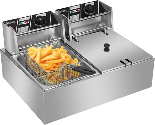 Vista 5 de Freidora comercial con cesta y tapa, máx. 2500 W, 12.7 cuartos de galón de acero inoxidable, freidora eléctrica para encimera con tanques y cestas